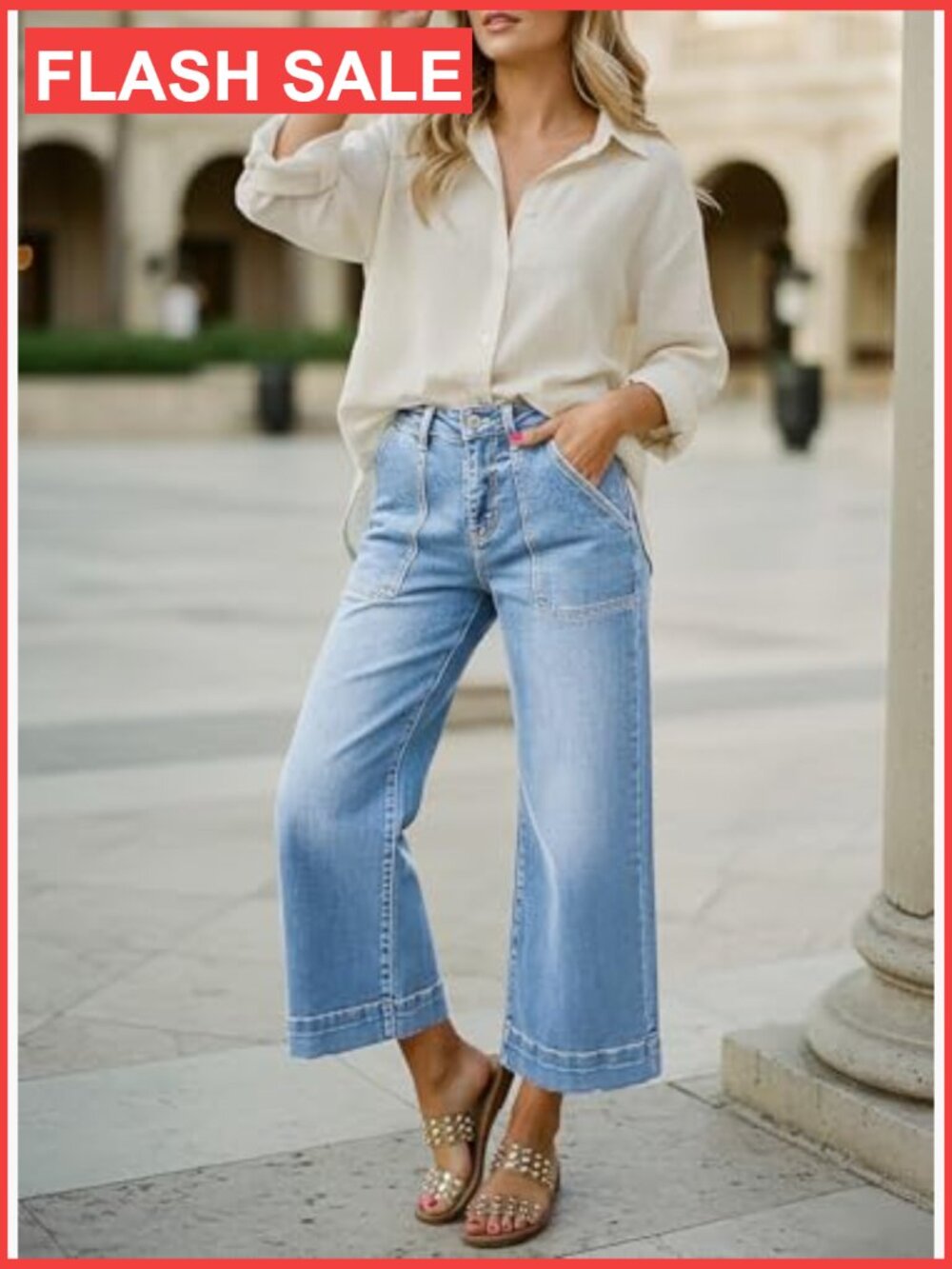Stretchy Wide Leg High Waisted Jeans Tummy Control Cropped Ankle Denim Pants - Picture 4 of 7